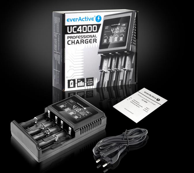 Nabíjačka valcových akumulátorov Li-ion a Ni-MH everActive UC-4000, 4 kanály, LCD, USB – obsah balenia