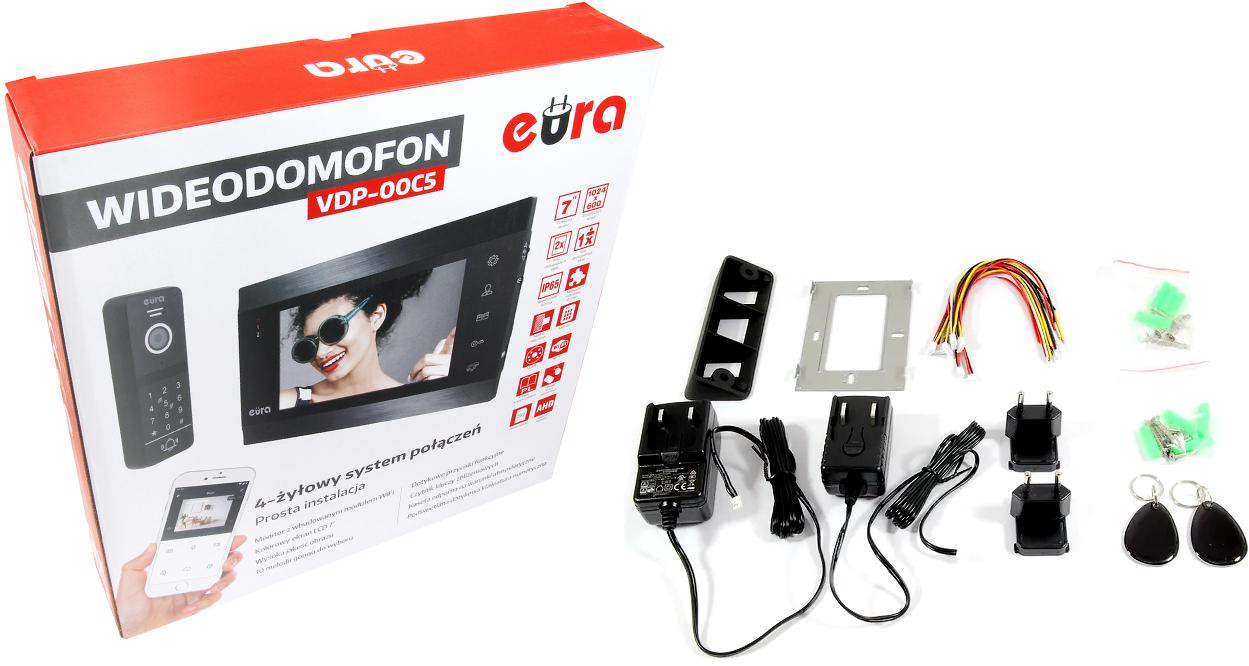 EURA VDP-00C5 czarny wideodomofon Tuya WiFi monitor 7 cali kamera 1080p RFID szyfrator 2 strefy EURA VDP-00C5 czarny wideodomofon Tuya WiFi monitor 7 cali kamera 1080p RFID szyfrator 2 strefy
