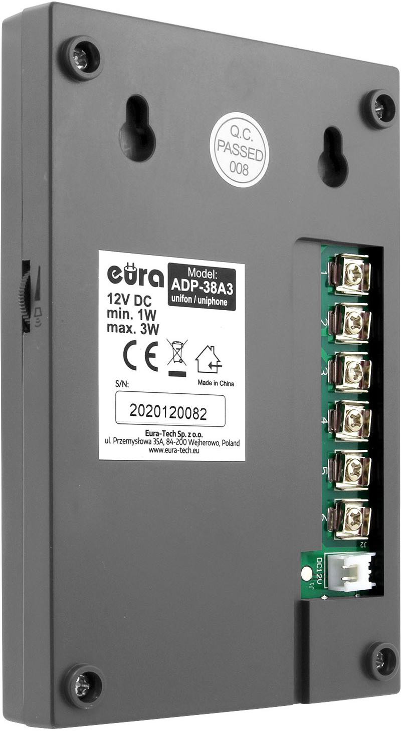 Domofon EURA ADP-38A3 ENTRA grafit, jednorodzinny, głośnomówiący, kaseta z szyfratorem, montaż natynkowy Domofon EURA ADP-38A3 ENTRA grafit, jednorodzinny, głośnomówiący, kaseta z szyfratorem, montaż natynkowy