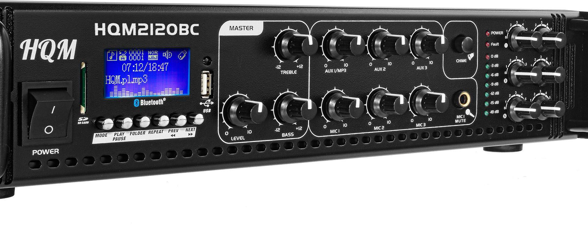 HQM2120BC wzmacniacz strefowy PA 120W FM Bluetooth MP3 USB 100V 6 stref rack 19″ HQM2120BC wzmacniacz strefowy PA 120W FM Bluetooth MP3 USB 100V 6 stref rack 19″