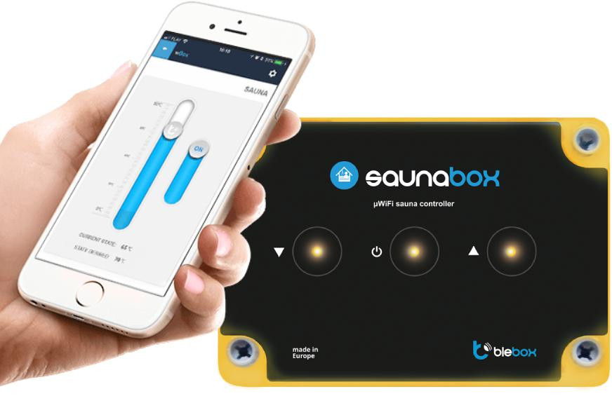 BleBox saunaBox sterownik do sauny WiFi, 3 wyjscia 16A do 11 kW, czujnik temperatury do 125 stopni, IP44, harmonogram BleBox saunaBox sterownik do sauny WiFi, 3 wyjscia 16A do 11 kW, czujnik temperatury do 125 stopni, IP44, harmonogram