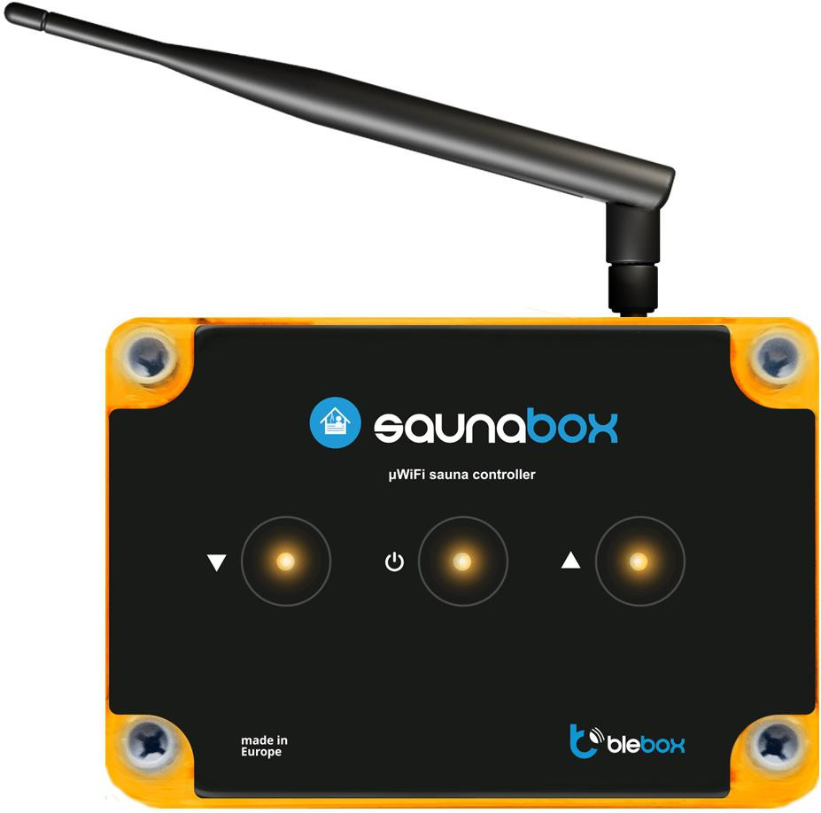 Sterownik sauny BleBox saunaBox pro WiFi, 230 V lub 3×230 V, 3×16 A, czujnik do 125 stopni, antena Sterownik sauny BleBox saunaBox pro WiFi, 230 V lub 3×230 V, 3×16 A, czujnik do 125 stopni, antena