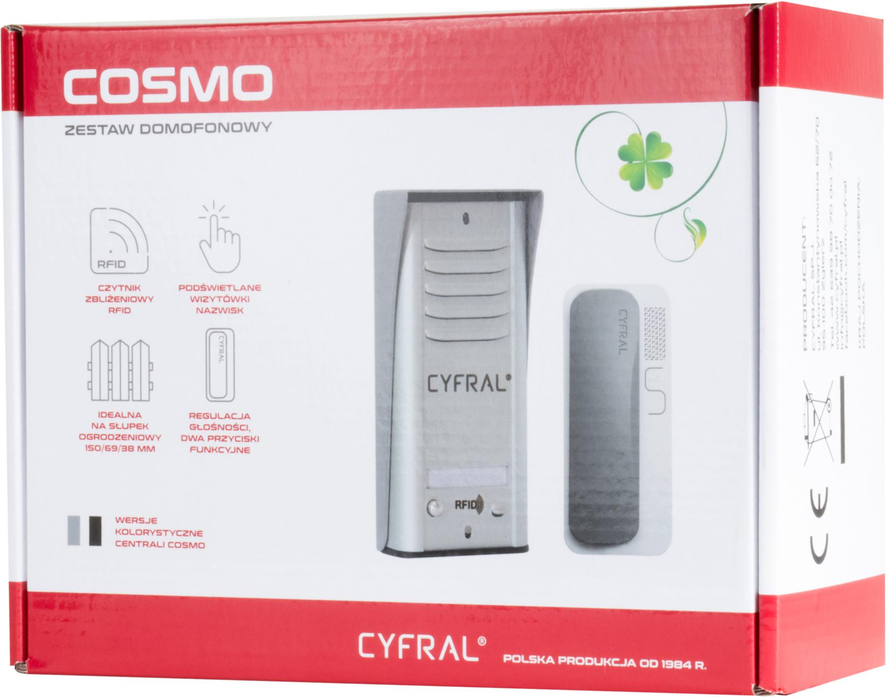 Domofon CYFRAL COSMO 1-lokatorski zestaw, czarna kaseta i czarny unifon, 2-żyłowy Domofon CYFRAL COSMO 1-lokatorski zestaw, czarna kaseta i czarny unifon, 2-żyłowy