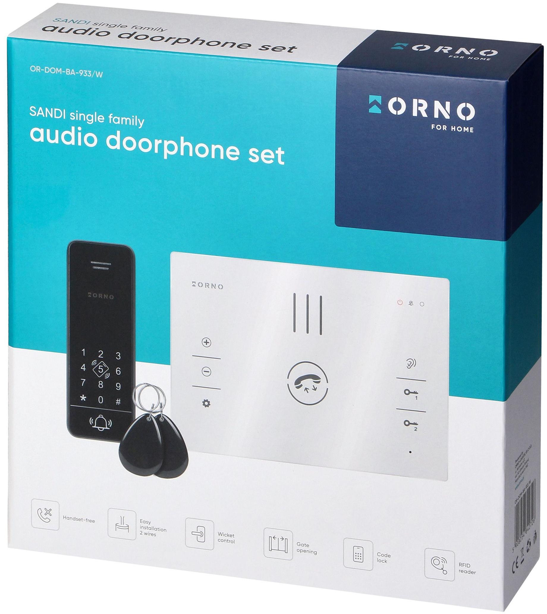 Domofon ORNO SANDI OR-DOM-BA-933/W, 1-rodzinny, 2-żyłowy, szyfrator i RFID, panel IP65, biały Domofon ORNO SANDI OR-DOM-BA-933/W, 1-rodzinny, 2-żyłowy, szyfrator i RFID, panel IP65, biały