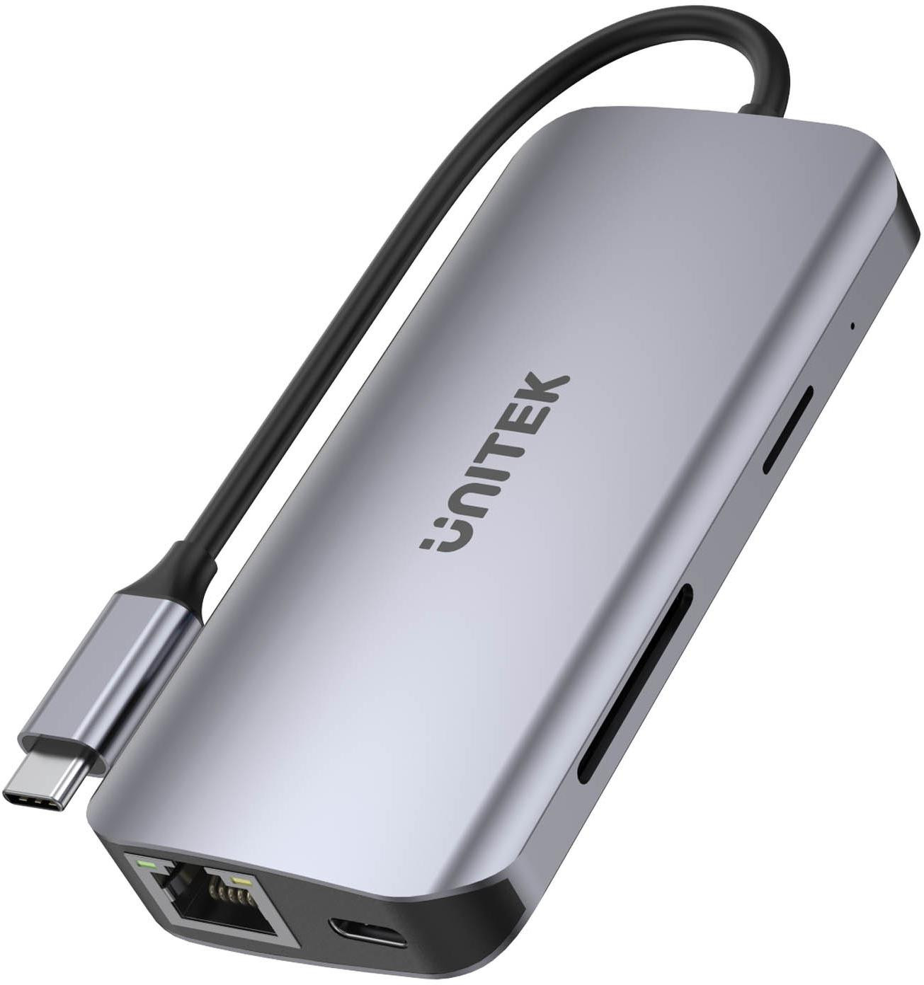 Unitek D1122A01 Attivo hub USB-C 5Gbps, 2x HDMI 4K, Lettore RFID / Controllo accessi schede, RJ-45, PD 100W