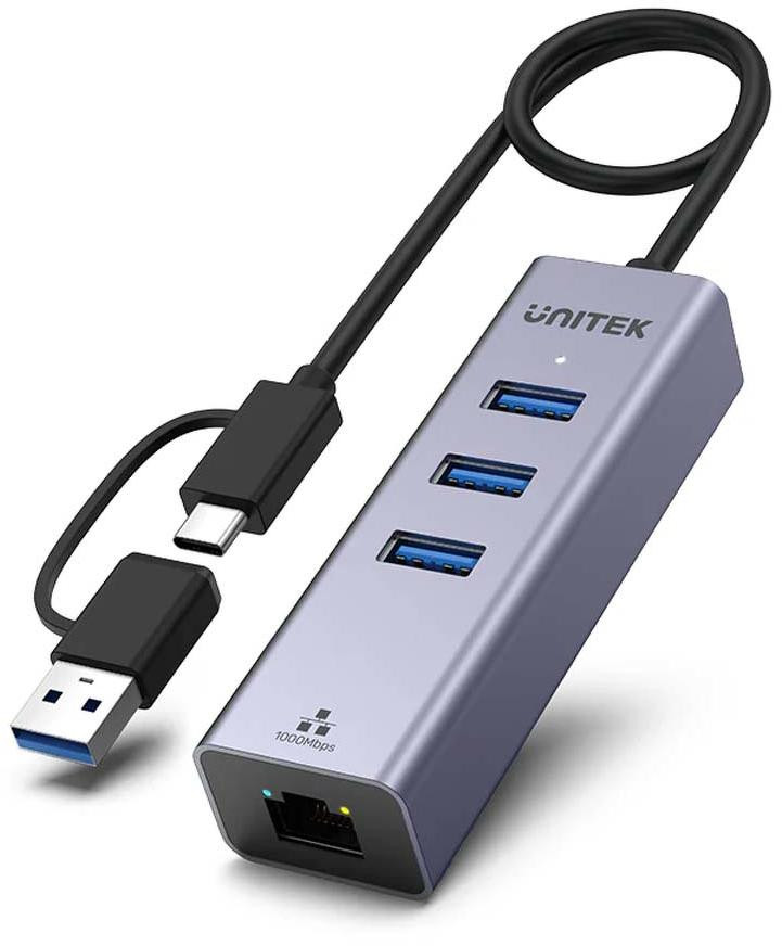 Unitek Hub USB C 4 in 1 Ethernet 3 x USB A 5 Gbps con adattatoreem USB A