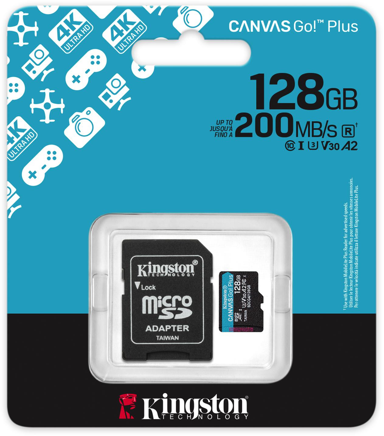 scheda di memoria microSD 128GB Kingston CanvasGo! Plus 200MB/s A2 U3 V30 + adattatore
