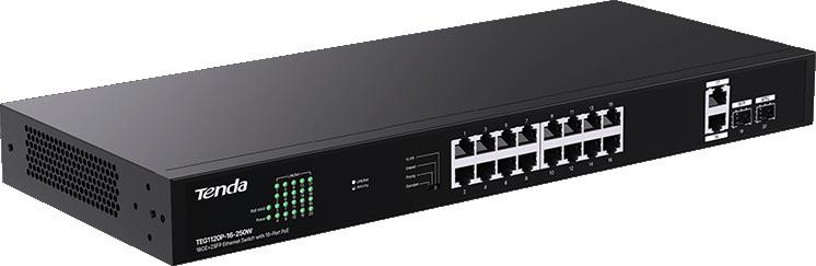 PoE switch Tenda TEG1120P-16-250W – 16× GbE PoE, 2× GbE + 2× SFP uplink, PoE 230 W