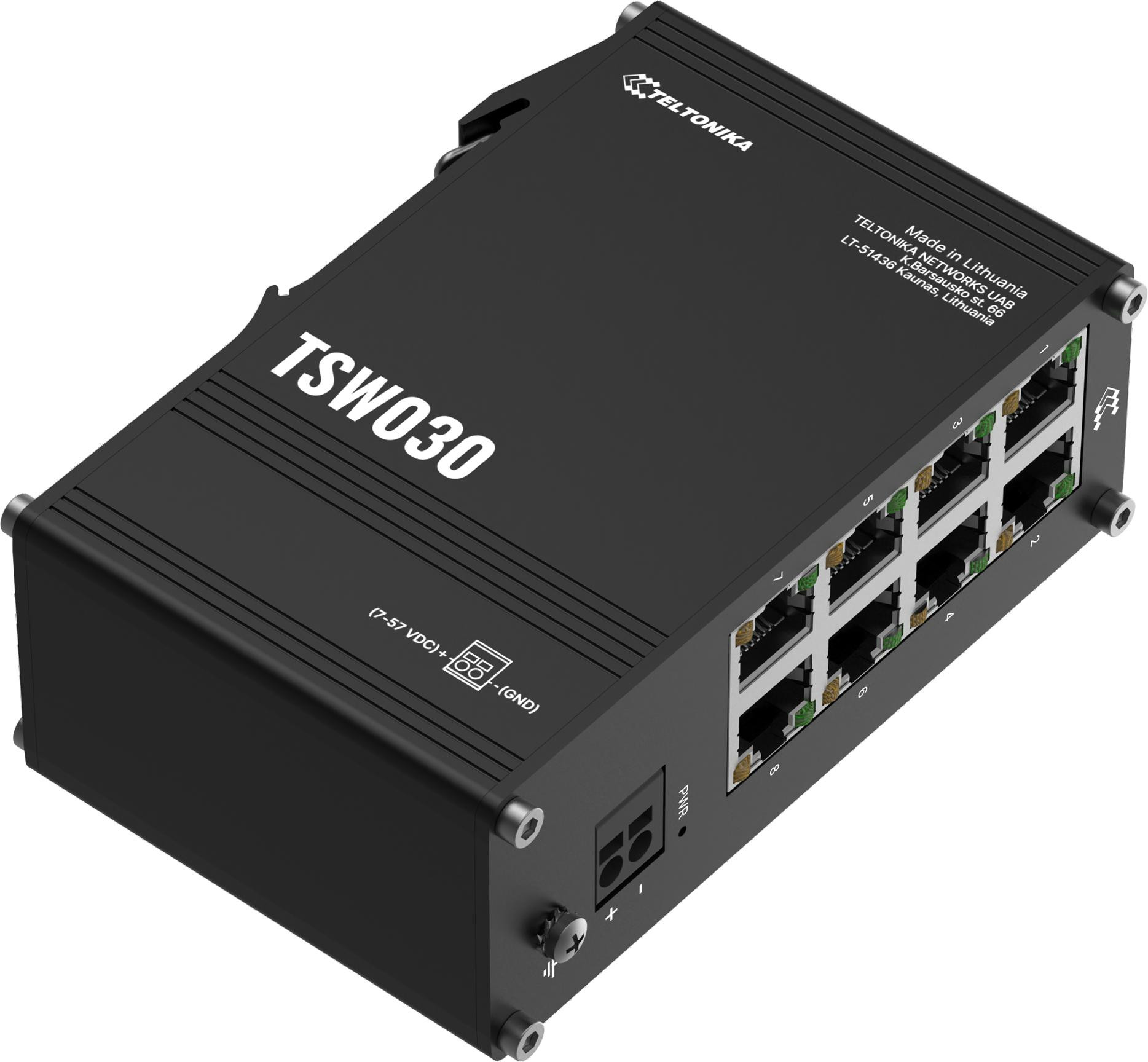Priemyselný switch Teltonika TSW030 (TSW030000000) – 8× 10/100 Mb/s, DIN, 7–57 V DC