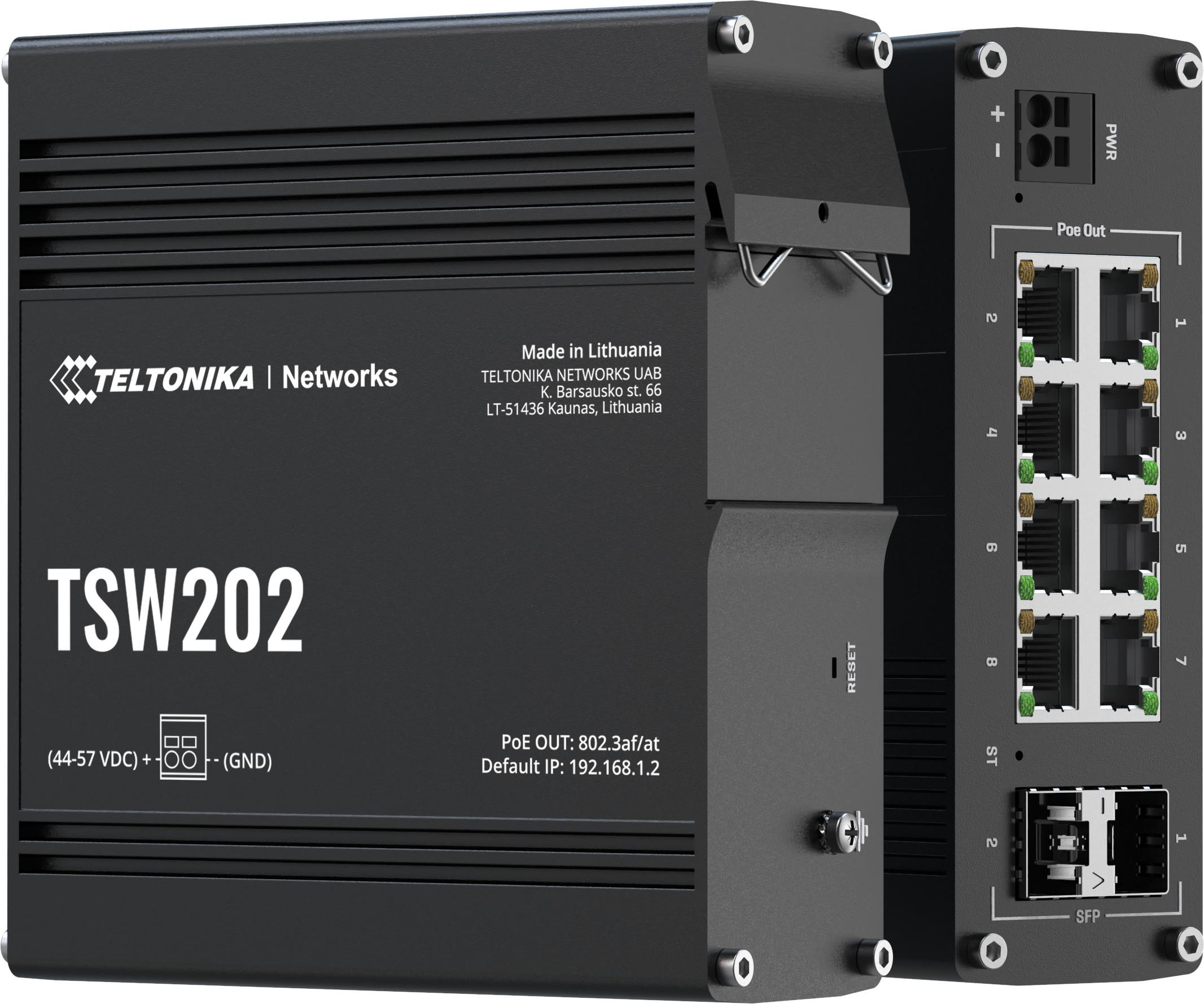 Priemyselný switch Teltonika TSW202 (TSW202000000) – 8× PoE+, 2× SFP, spravovateľný, DIN