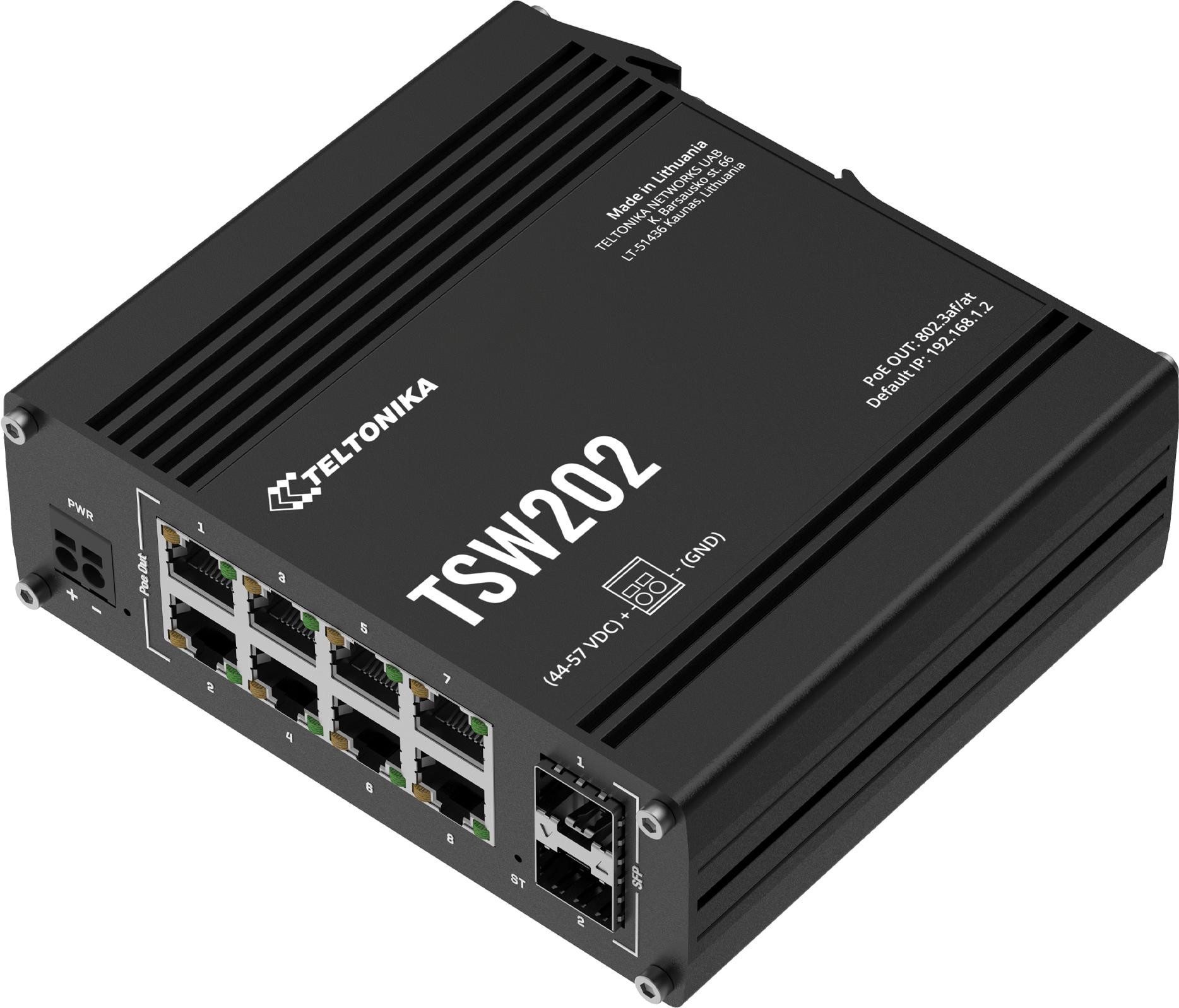 Priemyselný switch Teltonika TSW202 (TSW202000000) – 8× PoE+, 2× SFP, spravovateľný, DIN