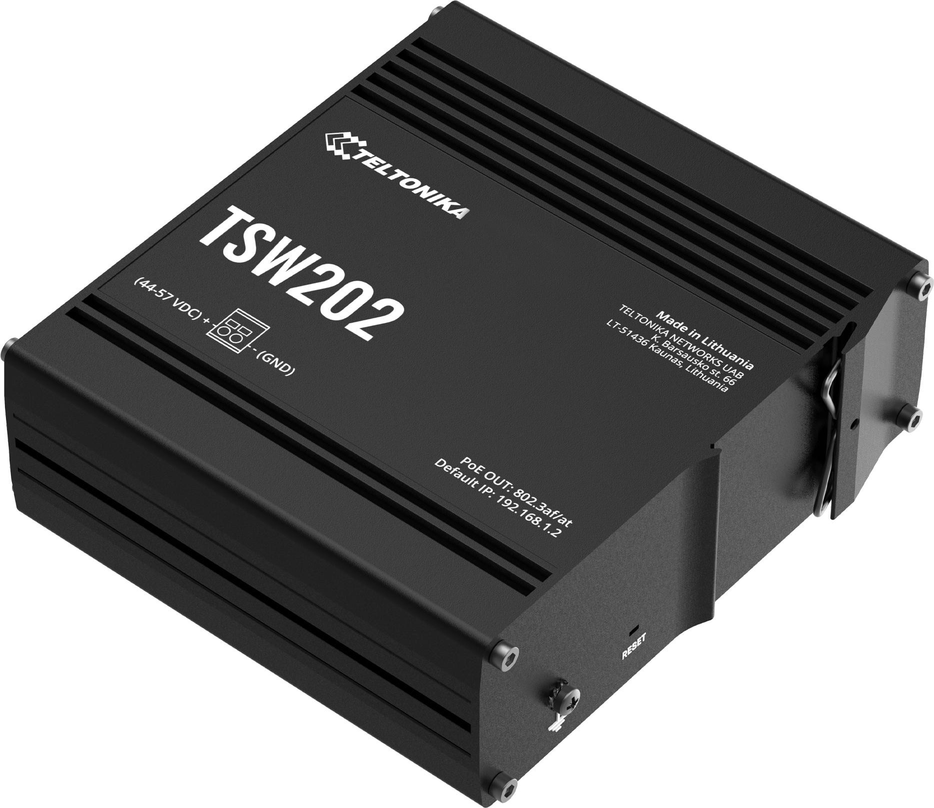 Priemyselný switch Teltonika TSW202 (TSW202000000) – 8× PoE+, 2× SFP, spravovateľný, DIN