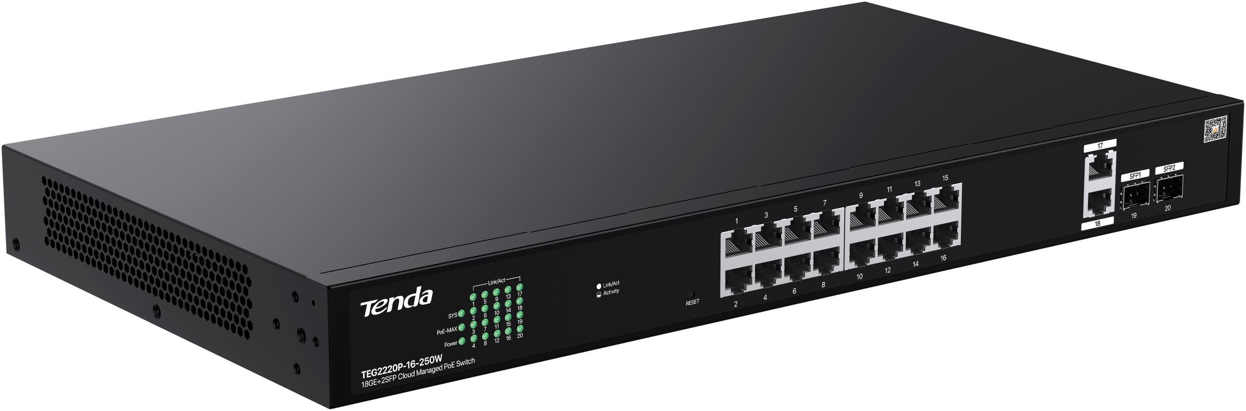 Spravovateľný PoE switch Tenda TEG2220P-16-250W – 16× GbE PoE+, 2× SFP, CloudFi