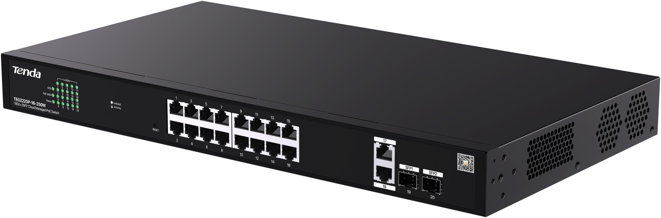 Spravovateľný PoE switch Tenda TEG2220P-16-250W – 16× GbE PoE+, 2× SFP, CloudFi