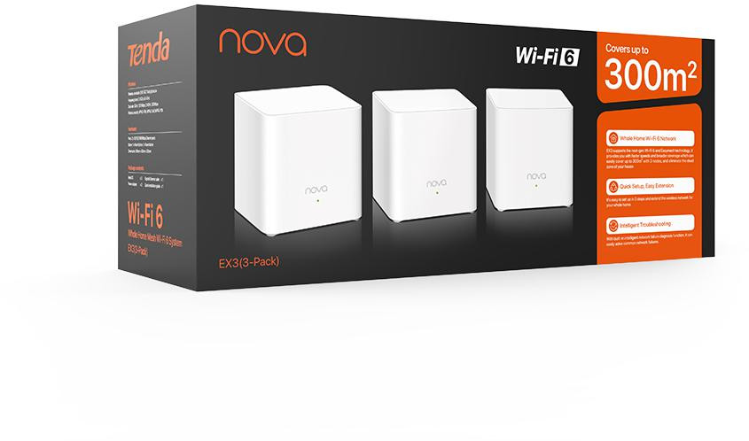 Tenda Nova EX3 zestaw 3 WiFi 6 mesh AX1500, zasięg do 300 m2, dla ponad 80 urządzeń Tenda Nova EX3 zestaw 3 WiFi 6 mesh AX1500, zasięg do 300 m2, dla ponad 80 urządzeń