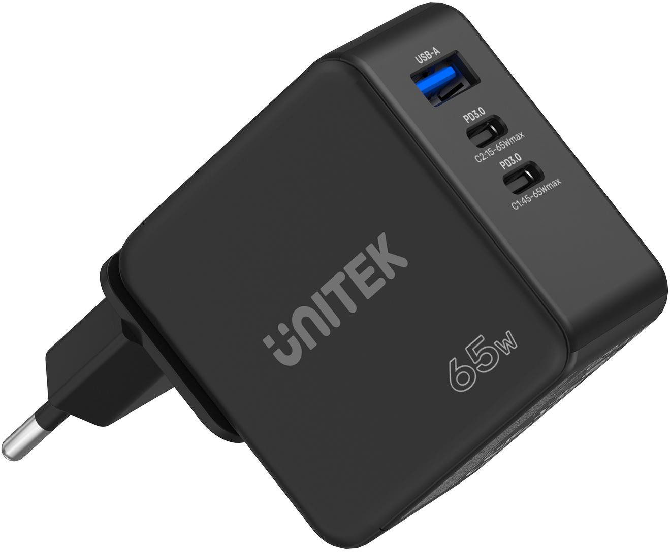 Caricatore da parete USB Unitek 65W GaN Quick Charge (2x USB-C PD + USB-A)