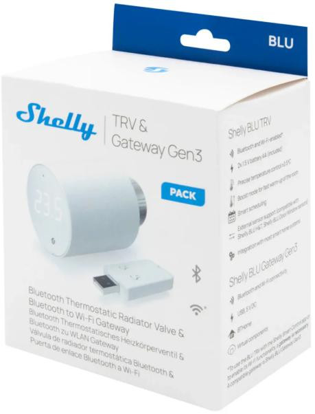 Shelly BLU TRV 3-pack, 3 głowice termostatyczne + BLU Gateway Gen3, sterowanie z aplikacji Shelly BLU TRV 3-pack, 3 głowice termostatyczne + BLU Gateway Gen3, sterowanie z aplikacji