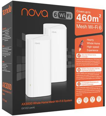 System mesh Tenda Nova EX12 2-pack, WiFi 6 AX3000, do 470 m2, 3x Gigabit na węzeł System mesh Tenda Nova EX12 2-pack, WiFi 6 AX3000, do 470 m2, 3x Gigabit na węzeł