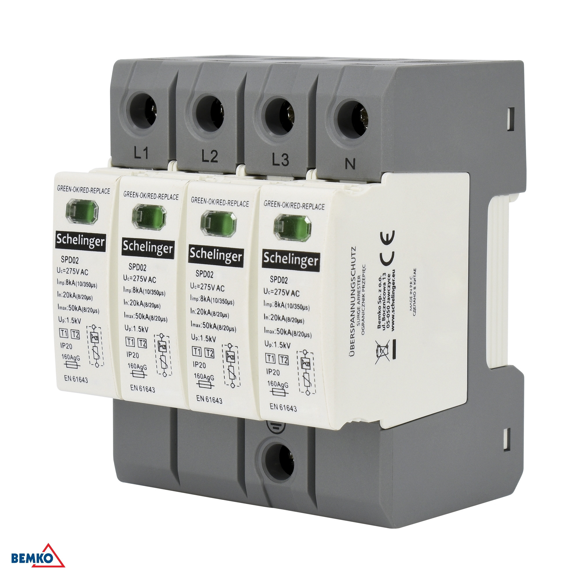 Scaricatore di sovratensione 4P 8kA(10/350) KLASA T1+T2 (B+C) SCHELINGER