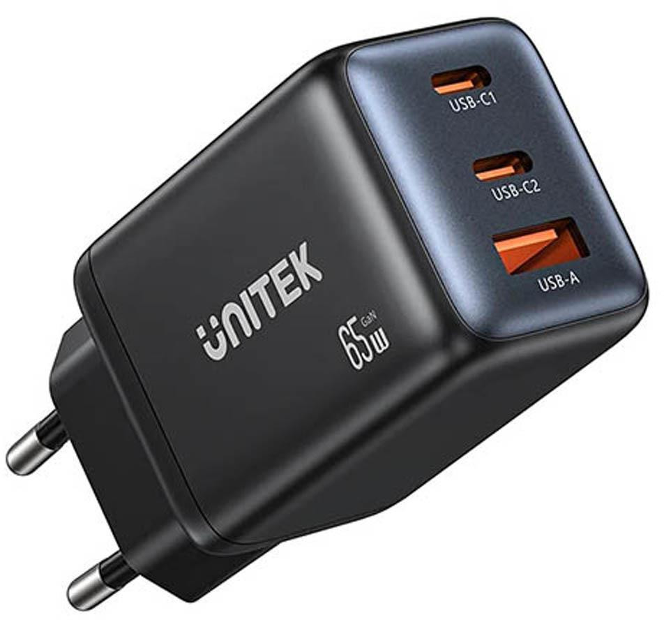Caricatore da parete USB Unitek GaN 65W, 2xUSB-C, USB-A, PD 3.0, nera