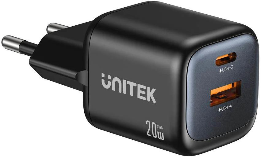 Caricatore da parete USB Unitek GaN 20W, USB-C, USB-A, PD 3.0, nera