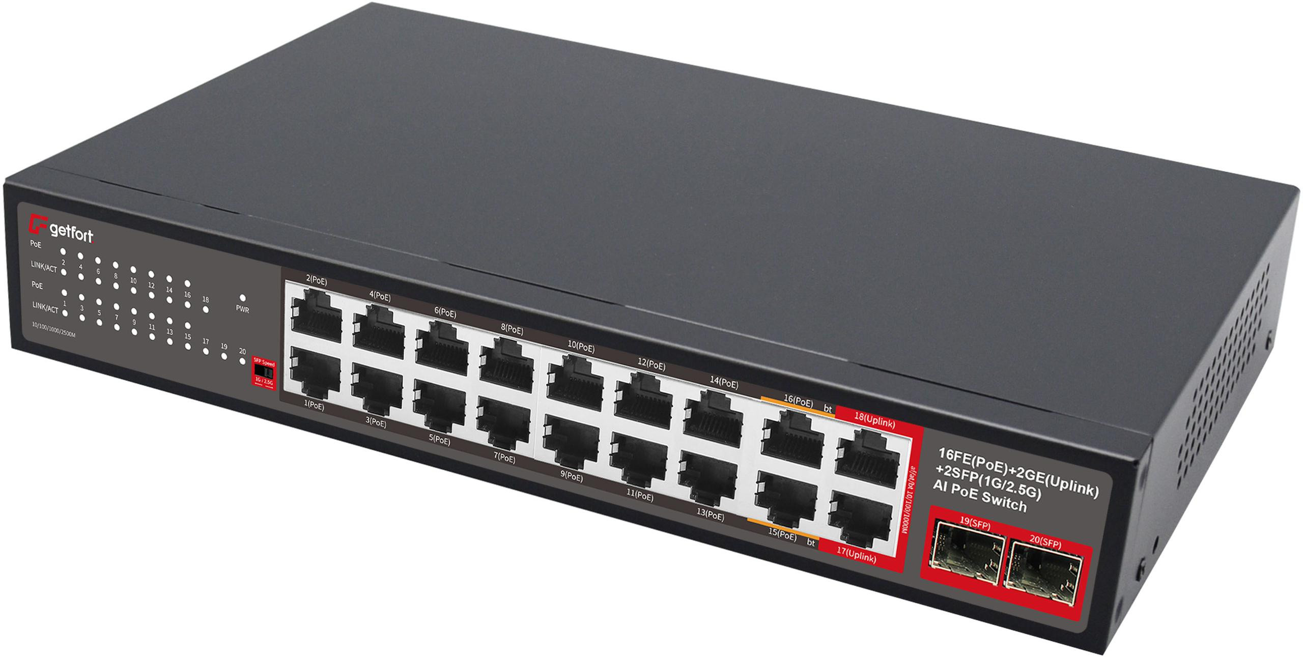 PoE switch Getfort GF-120G-16P-240 – 16× PoE 100 Mb/s, 2× GbE, 2× SFP 2,5G, 240 W