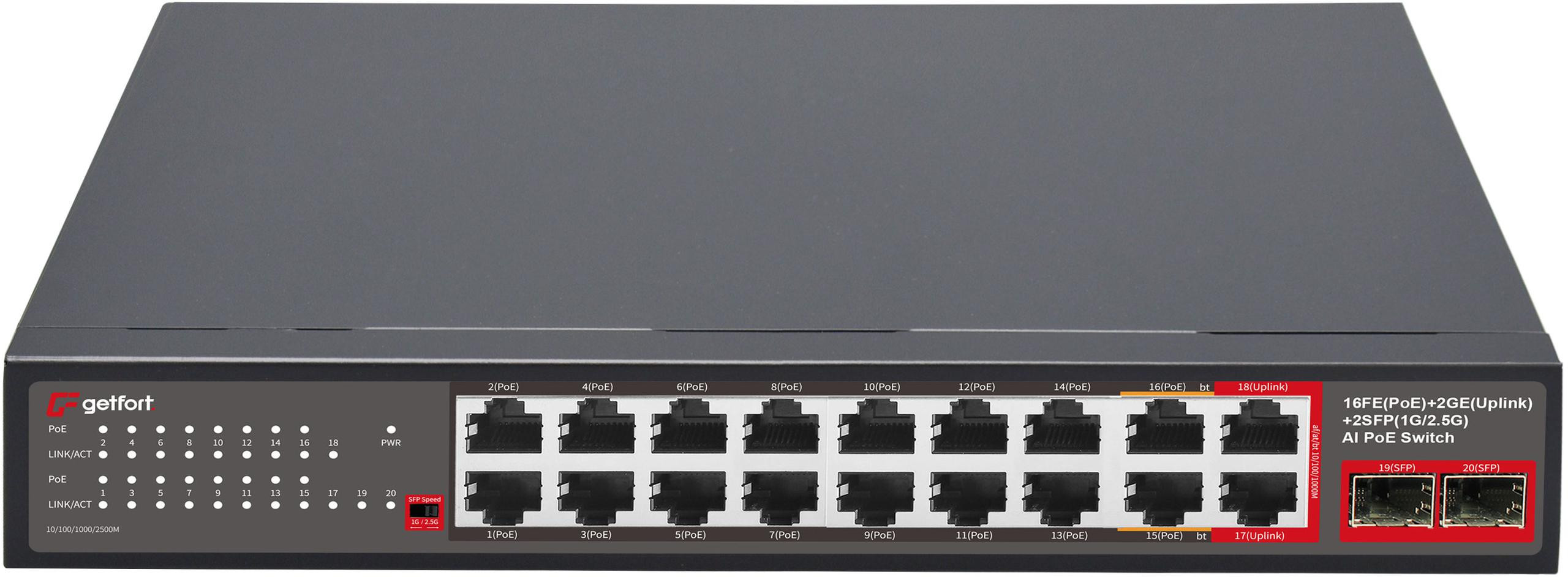 PoE switch Getfort GF-120G-16P-240 – 16× PoE 100 Mb/s, 2× GbE, 2× SFP 2,5G, 240 W