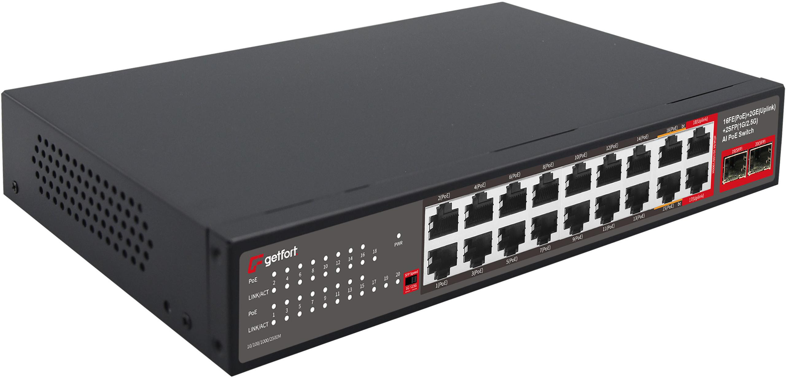 PoE switch Getfort GF-120G-16P-240 – 16× PoE 100 Mb/s, 2× GbE, 2× SFP 2,5G, 240 W