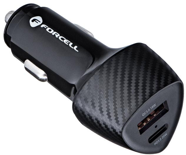 Nabíjačka do auta Forcell Carbon CC50-1A1C – 38 W, USB-C PD 3.0, USB-A QC 3.0, čierna