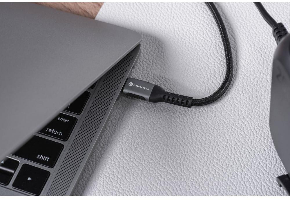 Kábel USB-C – USB-C Forcell F-Energy Cafule C263 – 240 W, 5 A, 3 m, opletený, čierny